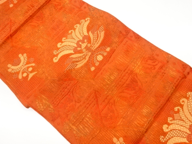 JAPANESE KIMONO / VINTAGE NAGOYA OBI / CHIKUZEN HAKATA / WOVEN GRID & ABSTRACT FLORAL PLANTS